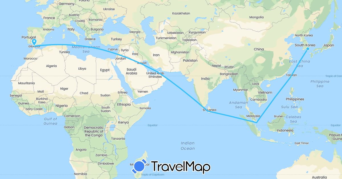 TravelMap itinerary: driving, boat in United Arab Emirates, Spain, Greece, South Korea, Sri Lanka, Singapore, Taiwan (Asia, Europe)